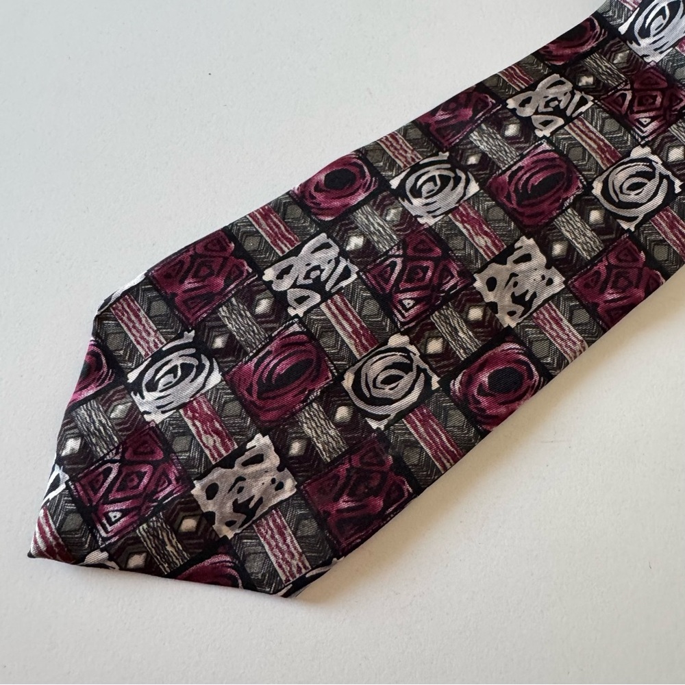 Albert Nipon Purple Olive Green Silk Abstract Patterned Vintage Tie